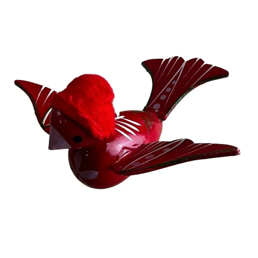 Handmade Wooden Christmas Bird Ornament Cardinal Red & White Hand Painted Vtg